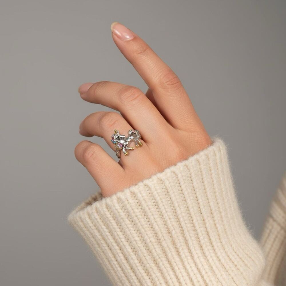 Fantasy Fairy Tale Unicorn Multicolor Enamel Ring Teen Adult Silver Plated